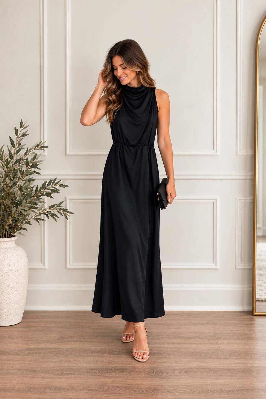 PrettyGarden Satin Maxi Dress Size S Navy Sleeveless Cocktail Party wedding gues